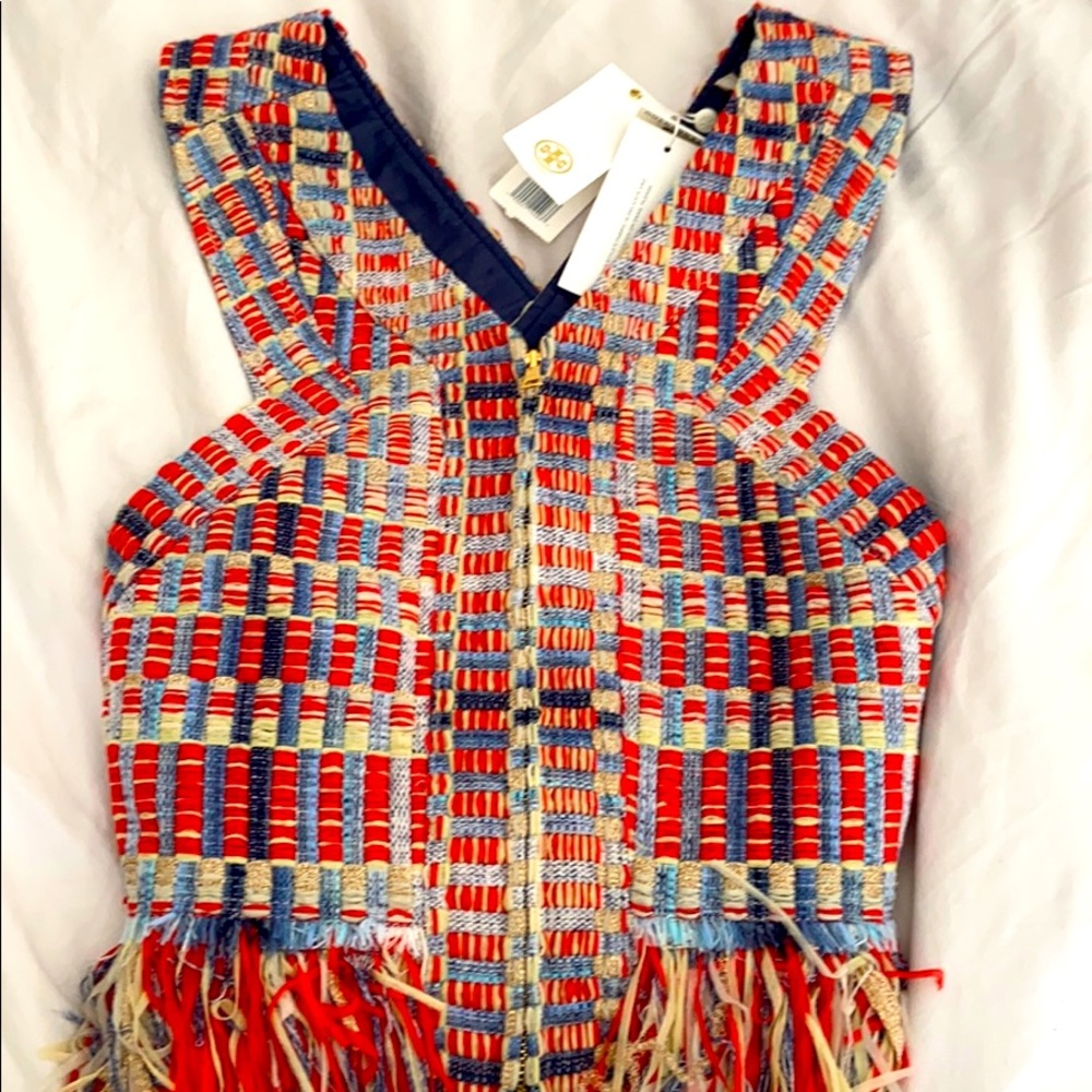 Tory Burch Red and Blue Woven Fringe Top